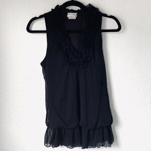 VTG Y2K Soulmates Ruffle VNeck Blouse Black Sleeveless Drop Waist Fairy Whimsy M